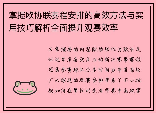 掌握欧协联赛程安排的高效方法与实用技巧解析全面提升观赛效率