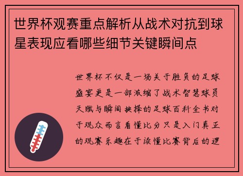 世界杯观赛重点解析从战术对抗到球星表现应看哪些细节关键瞬间点